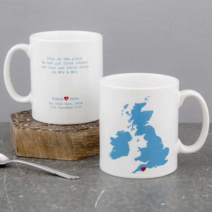 Personalised Heart Map Mug Wedding or Anniversary Gift | Any Location Worldwide Customised Map | Adventure Mrs & Mrs Mr and Mrs