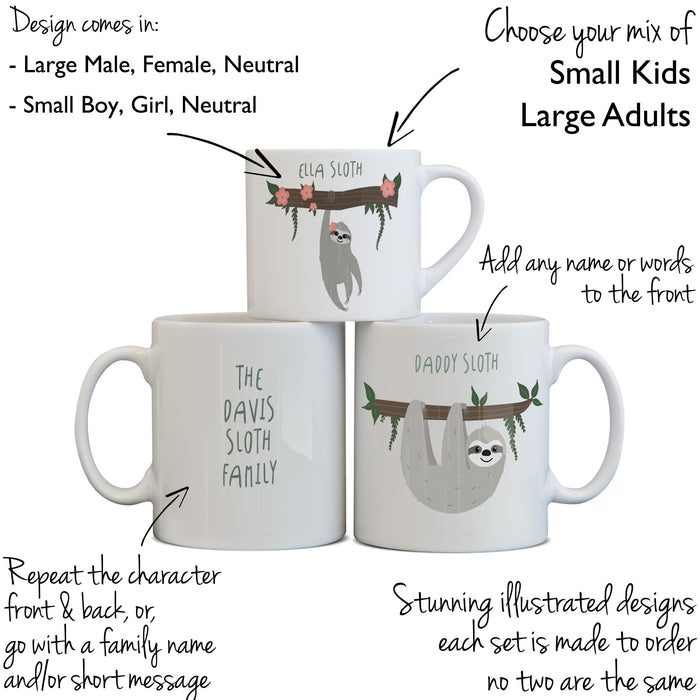 Sloth Family Mug Set | Create Your Own Family Set | Mummy Daddy Toddler mug | Personalised Christmas Family Gift Hot Chocolate Mugs