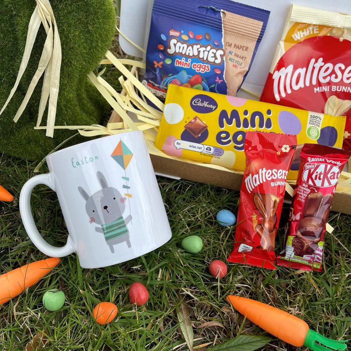 Easter Kids Treat Box | Chocolate Letterbox Pack | Personalised Cute Bunny Mug with Eggs | Any Name Customised Gift Optional Treats