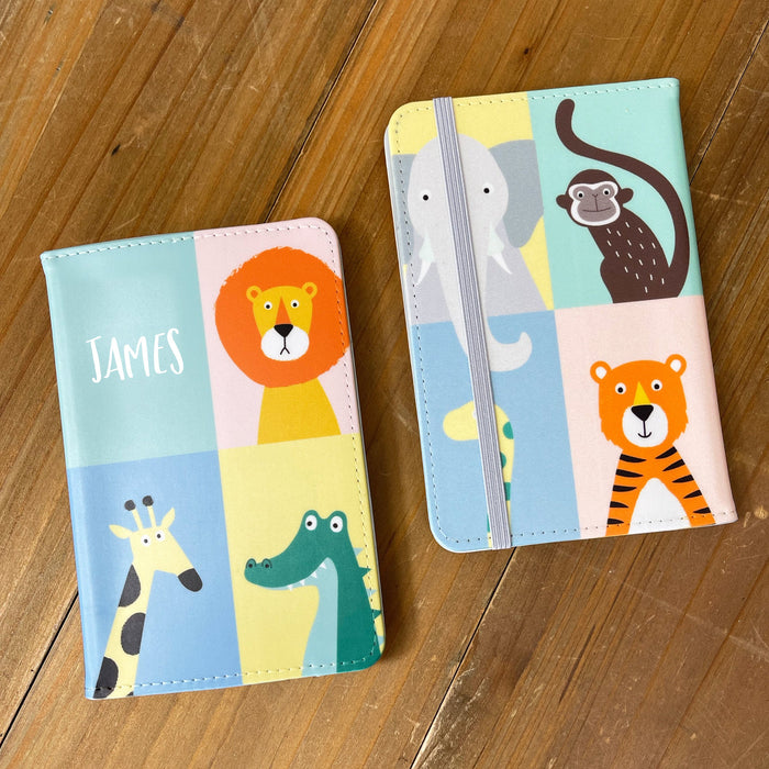 Jungle Animals Passport Photos Cover & Luggage Tag - Personalised Any Name - Gift For Child Kid Toddler First Holiday Vacation Adventure