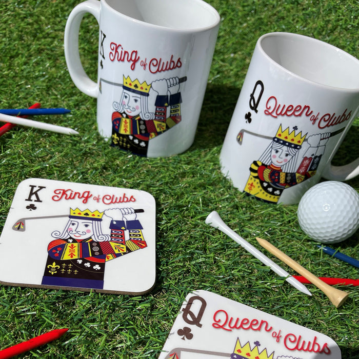 King & Queen of Clubs Personalised Mug + Coaster Gift, Set for Golfing Couple, Engagement, Wedding, Anniversary, Mothers Day, Retirement