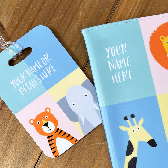 Jungle Animals Passport Photos Cover & Luggage Tag - Personalised Any Name - Gift For Child Kid Toddler First Holiday Vacation Adventure