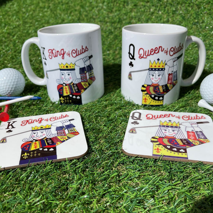 King & Queen of Clubs Personalised Mug + Coaster Gift, Set for Golfing Couple, Engagement, Wedding, Anniversary, Mothers Day, Retirement