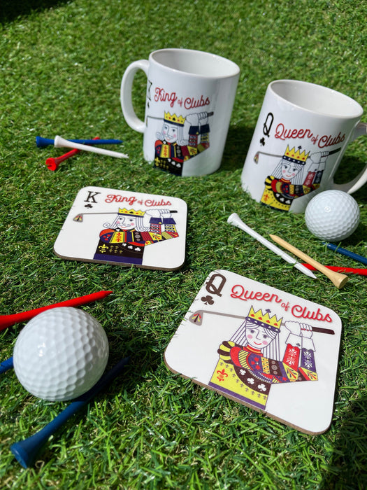 King & Queen of Clubs Personalised Mug + Coaster Gift, Set for Golfing Couple, Engagement, Wedding, Anniversary, Mothers Day, Retirement