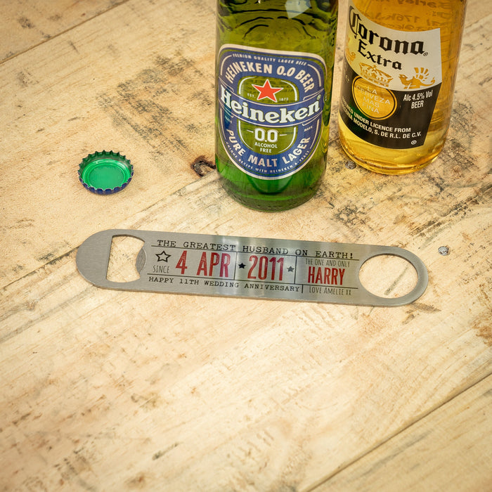 Greatest Husband Gift | Fathers Day Gift, Steel Bar Blade Bottle Opener | Personalised 11th Anniversary Gift | Gift For Him Dad Daddy