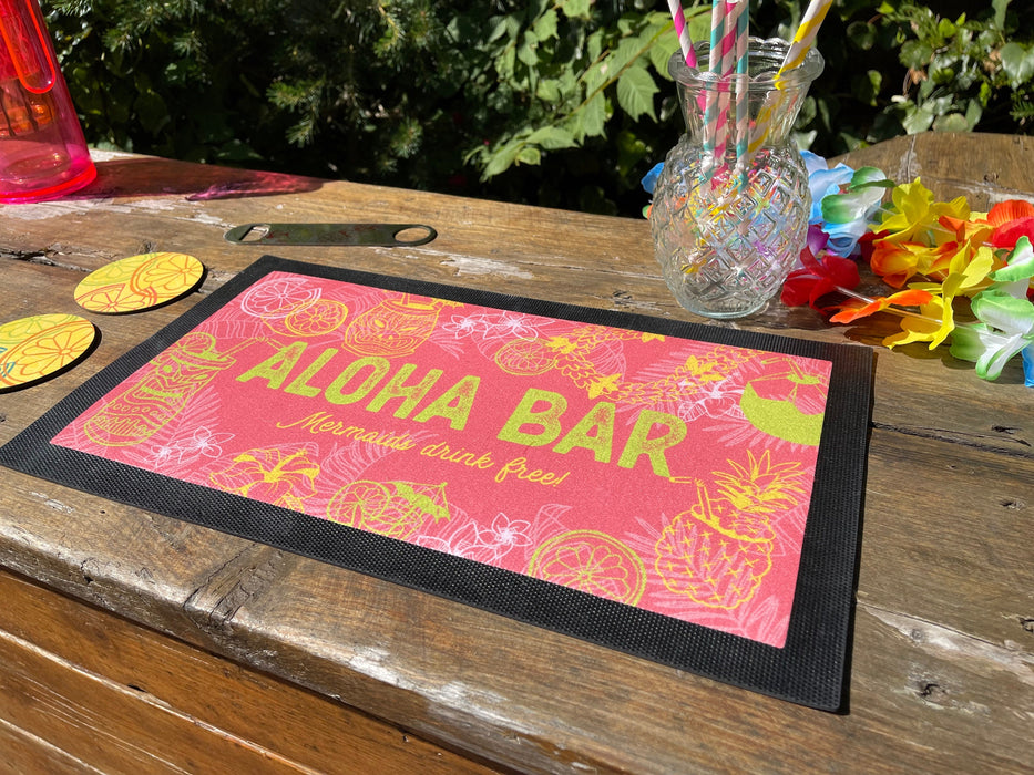 Personalised Tiki Bar Home Pub Set | Customised Mat Runner Coasters Bottle Opener | Beach Hut Exotic Cocktail Tropical Hawaiian Garden Shack