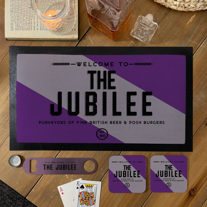 Custom Home Bar Set | Personalised Craft Beer Ale Gift | Bar Mat Coasters Bottle Opener Perfect for Father's Day 2022 | Jubilee Garden Party