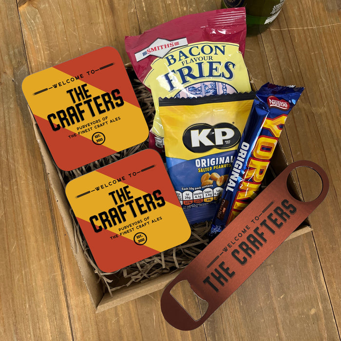 Mini Bar in A Box Stocking Filler Idea for Dad - Gift Idea For Uncle - Craft Ale Coasters & Traditional Pub Snacks - Letterbox Gift for Him