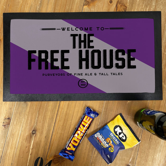 Personalised Home Bar Mat Runner Drip Tray | Customised Any Pub Name Perfect for Father's Day 2022 | Union Jack Purple Jubilee Garden Party