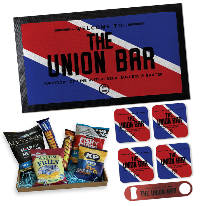 Personalised Home Bar Set | Custom Craft Ale Beer Gift | Bar Mat Coasters Bottle Opener & Pub Snacks for Father's Day 2022 | Jubilee Garden