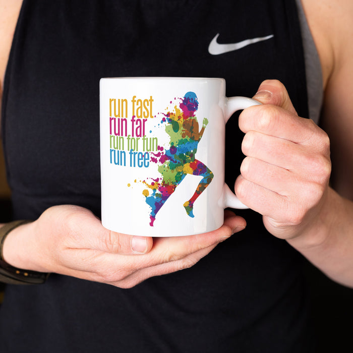 Motivational Gifts For Runner - MUG & FREE COASTER - Personalised Award For Running Fan Athlete Jogger - Pride Rainbow Positive 'Run Free'