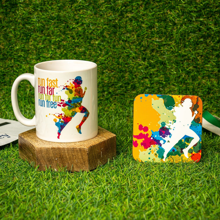 Motivational Gifts For Runner - MUG & FREE COASTER - Personalised Award For Running Fan Athlete Jogger - Pride Rainbow Positive 'Run Free'