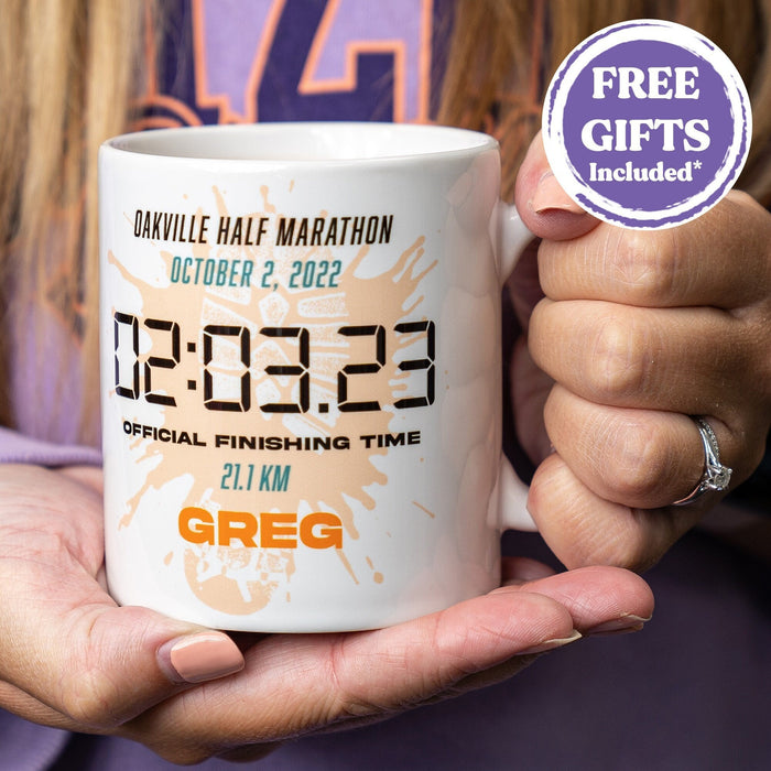 Personalised Running Gift - Mug & FREE COASTER - Timeless Gift for Runner - Celebrate a 5k 10km Half Marathon Result with a Custom Print