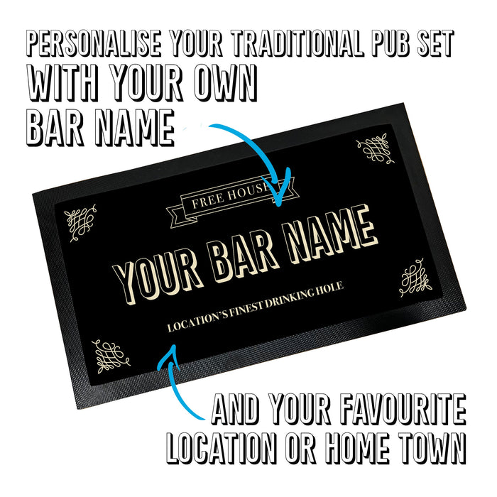 Personalised Home Bar Set Gift Idea for Dad - Fathers Day Gift - Custom Made Home Bar Accessories Traditional Pub Style Bar Mat Coasters