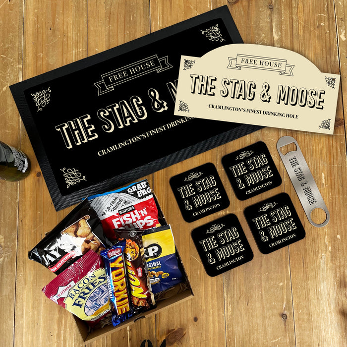 Personalised Home Bar Set Gift Idea for Dad - Fathers Day Gift - Custom Made Home Bar Accessories Traditional Pub Style Bar Mat Coasters