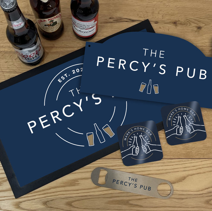 Customised Home Bar Set - Modern Gastro Pub Accessories Gift Ideas For Dad - Birthday Gifts for Him - Personalised Bar Sign & Bar Mat Father