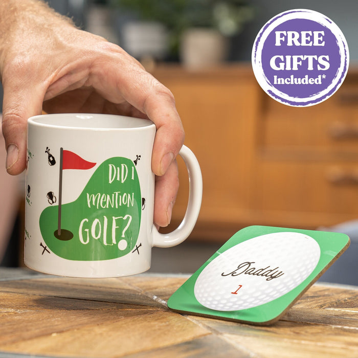 Gift for Golfer | Funny Mug Golf Gift | Did I Mention Golf Birthdays Gifts Idea for Golfer | Mug & Personalised Golf Ball Coaster Set Father