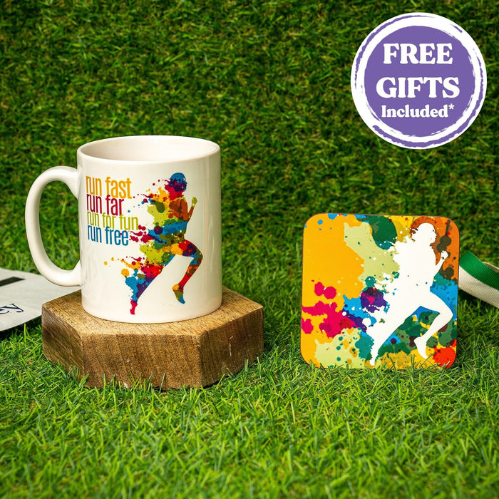 Motivational Gifts For Runner - MUG & FREE COASTER - Personalised Award For Running Fan Athlete Jogger - Pride Rainbow Positive 'Run Free'