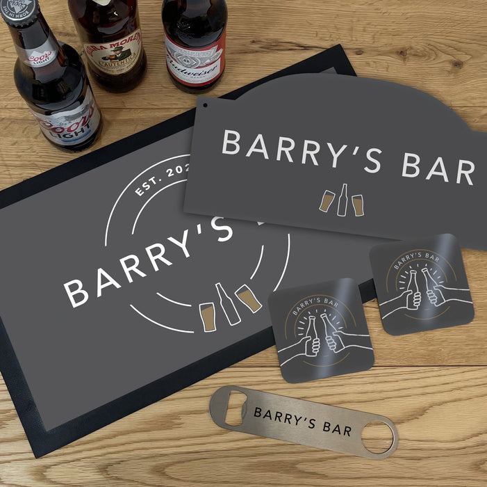 Customised Home Bar Set - Modern Gastro Pub Accessories Gift Ideas For Dad - Birthday Gifts for Him - Personalised Bar Sign & Bar Mat Father