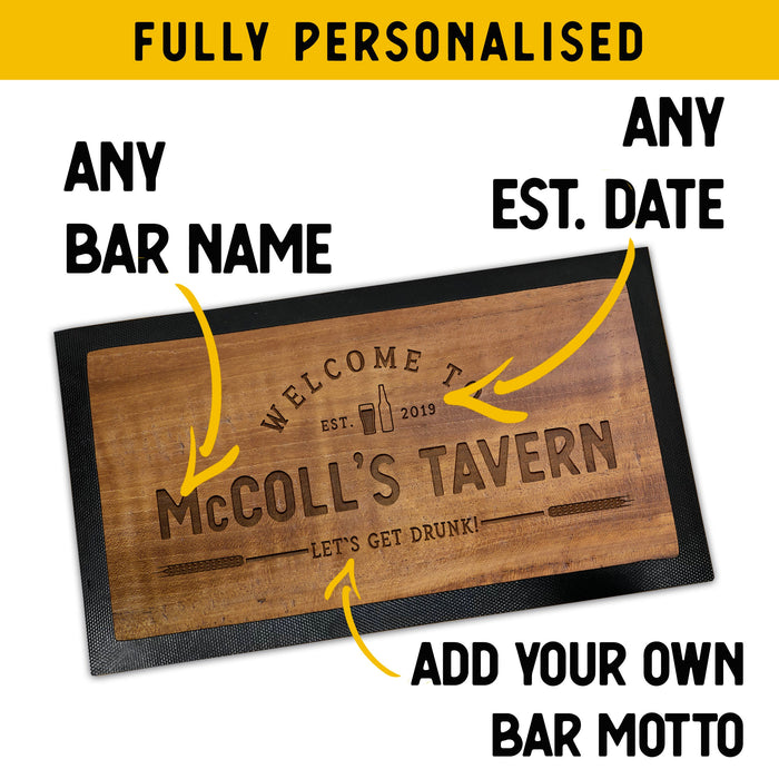 Bar Mat Personalised with Wooden Bar Effect Bar Sign Custom Made Barware | Bar Mat Coaster Bottle Opener | Christmas Gift For Dad or Brother