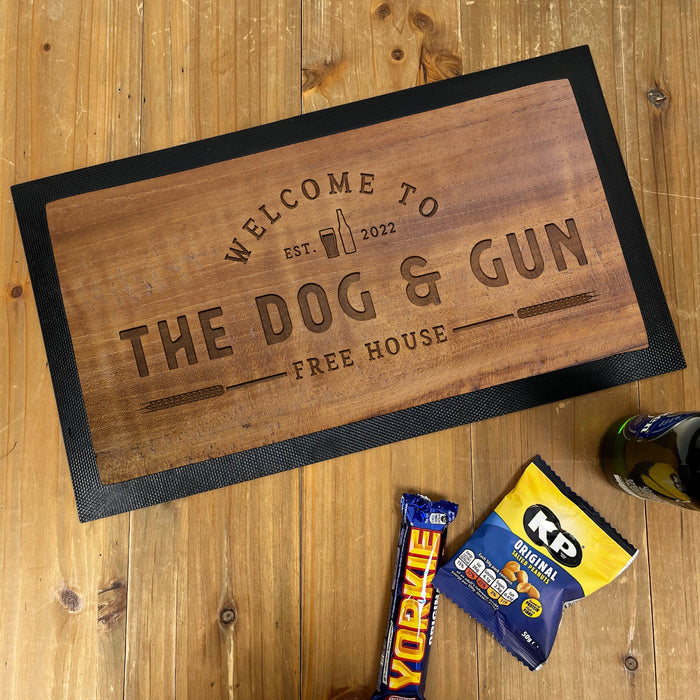 Bar Mat Personalised with Wooden Bar Effect Bar Sign Custom Made Barware | Bar Mat Coaster Bottle Opener | Christmas Gift For Dad or Brother