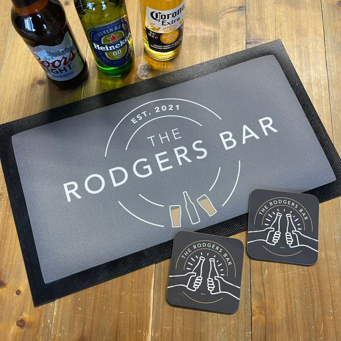 Customised Home Bar Set - Modern Gastro Pub Accessories Gift Ideas For Dad - Birthday Gifts for Him - Personalised Bar Sign & Bar Mat Father