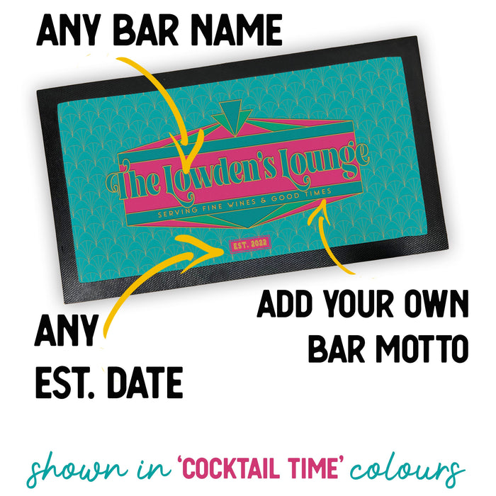 Home bar gift idea | Personalised Bar Runner, Beer Mat, Bottle Opener & Home Bar Sign Options | Art Decor Barware Gold, Emerald, Bright Pink