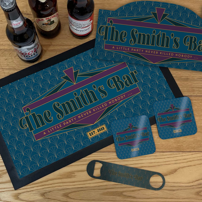 Home bar gift idea | Personalised Bar Runner, Beer Mat, Bottle Opener & Home Bar Sign Options | Art Decor Barware Gold, Emerald, Bright Pink