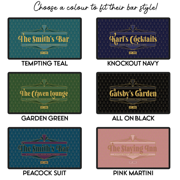 Home bar gift idea | Personalised Bar Runner, Beer Mat, Bottle Opener & Home Bar Sign Options | Art Decor Barware Gold, Emerald, Bright Pink