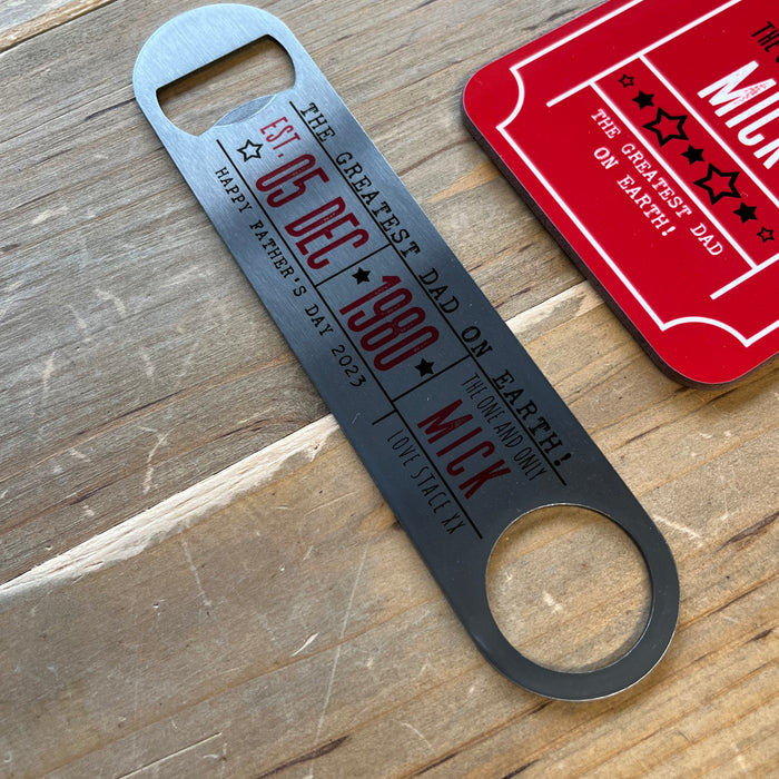 Father's Day Gift Personalised - Bottle Opener for Greatest Dad, Daddy, Grandad, Uncle, Husband - Any Name - Custom Cinema Ticket Print