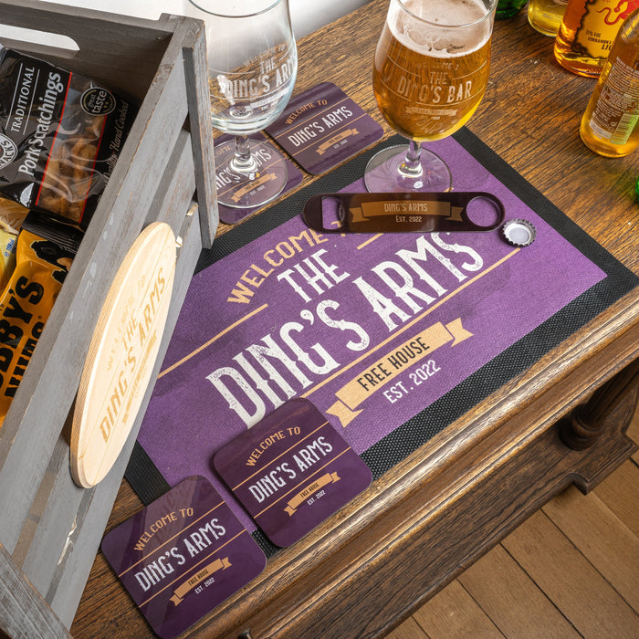 Custom Bar Mate Gift Set: Engraved Beer Glasses, Coasters, Blade, Crate, Father's Day, New Home Present