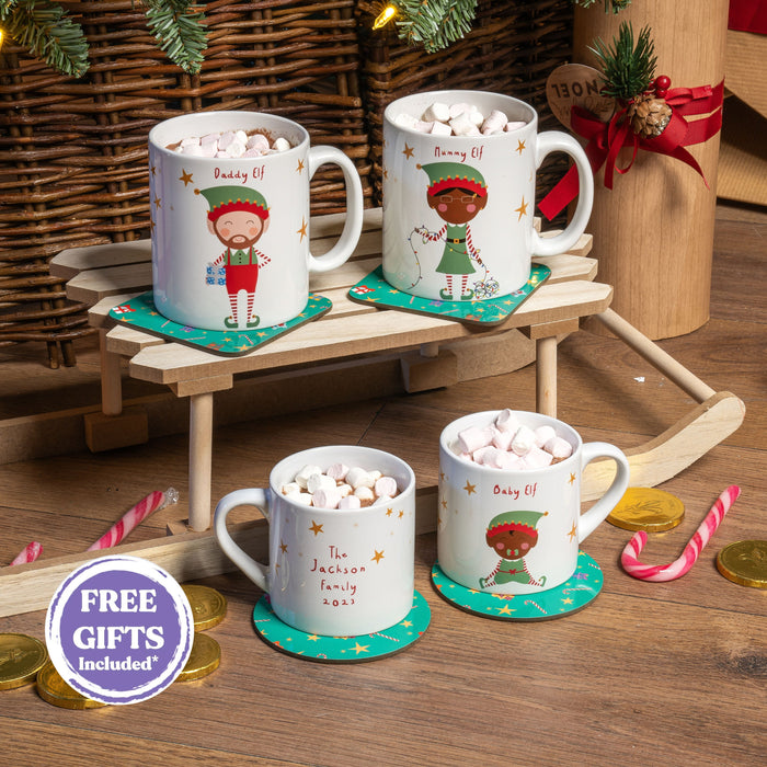 PERSONALISED Elf Family Mug Set - Fun Mummy Daddy Grandpa Elf Christmas Eve Gift - Toddler Children Hot Chocolate Mugs Family Gift Elves