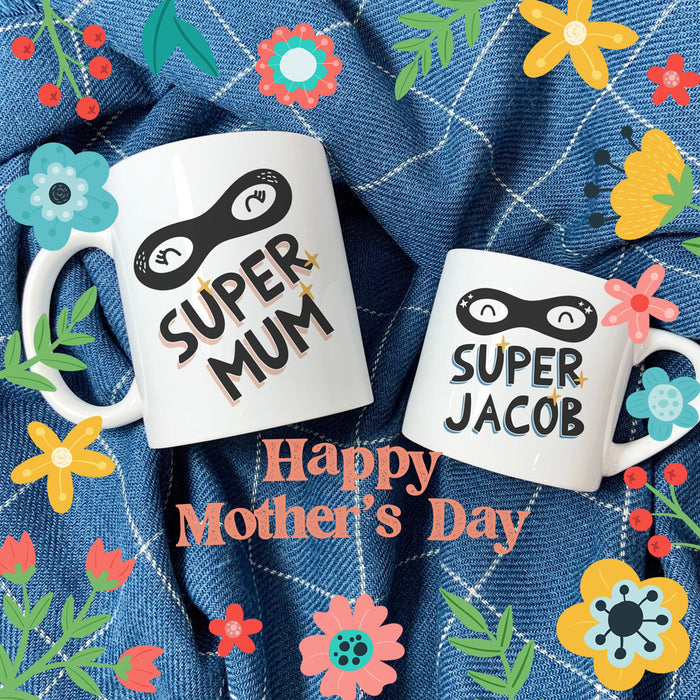 Superhero Family Mug Set - Personalised Toddler Kids Gift for Mother's Day or Birthdays - Mini Me Gift - Twinning Mum Mummy Mamma Mom