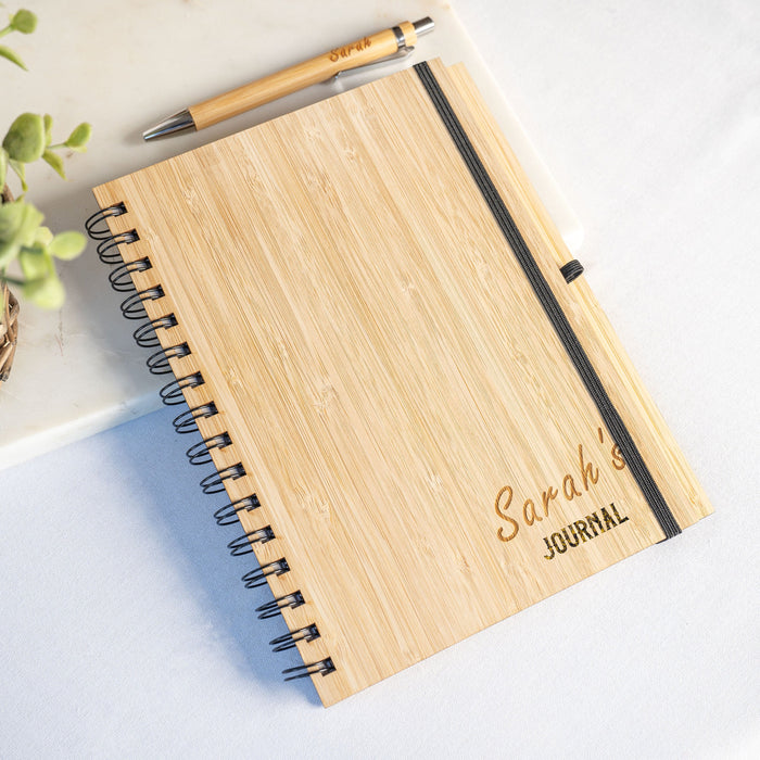 Personalised Bamboo Journal & Pen Set - Eco-Friendly Custom Engraved Notebook Gift for Writers and Planners