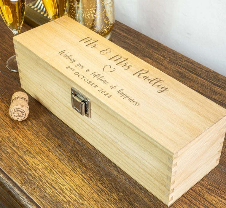 Custom Engraved Wooden Champagne Keepsake Box for Weddings and Celebrations