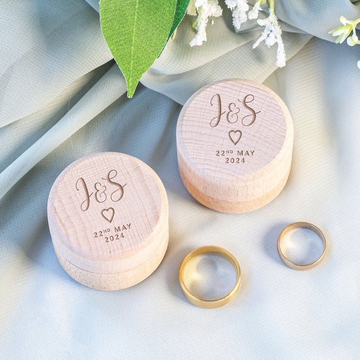 Personalised Round Wooden Ring Box for Weddings or Engagements