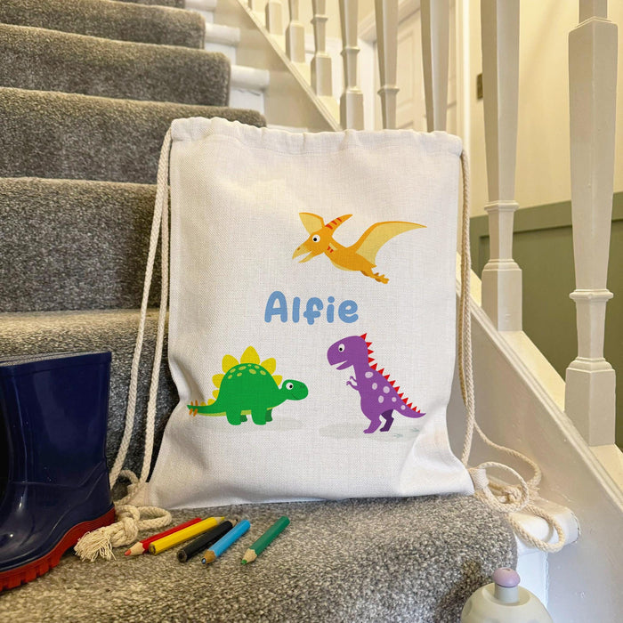 Personalised Dinosaur Drawstring Nursery/School Bags/PE Kit