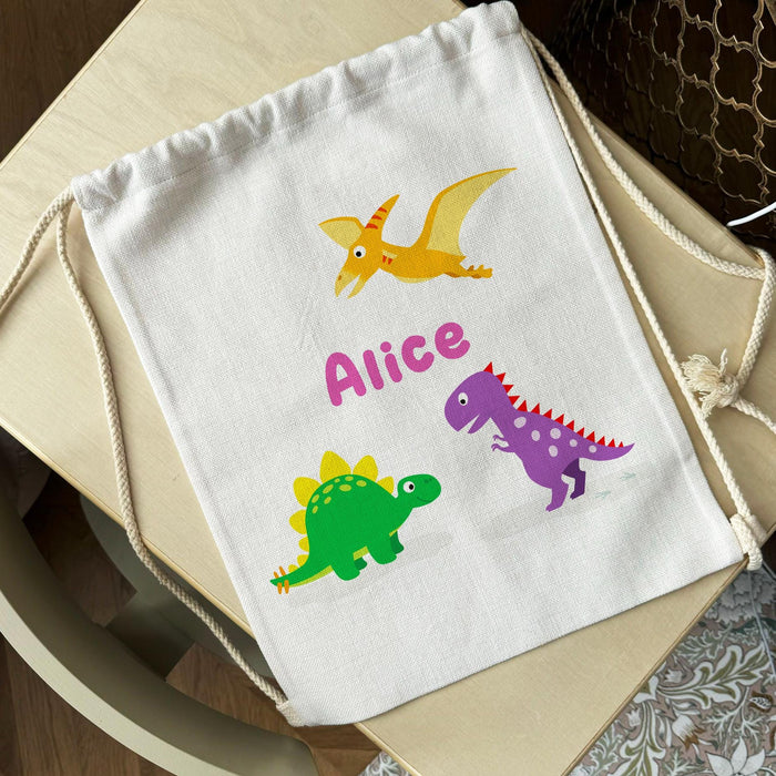 Personalised Dinosaur Drawstring Nursery/School Bags/PE Kit