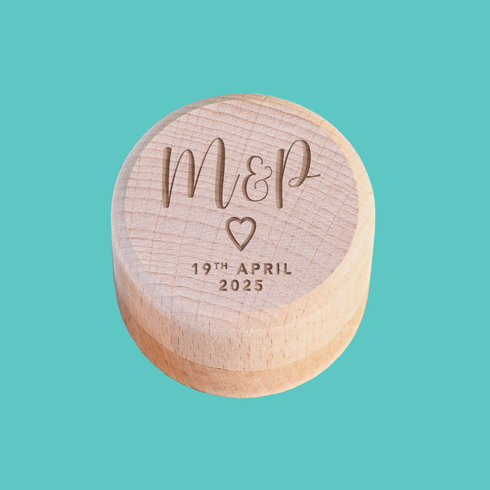 Personalised Round Wooden Ring Box for Weddings or Engagements