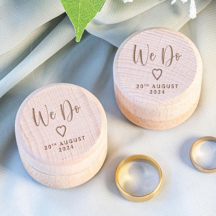 Personalised Round Wooden Ring Box for Weddings or Engagements