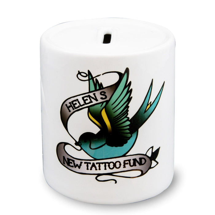 Personalised Tattoo Lovers Gift - Tattoo Fund Money Box - Ideal Stocking Filler Or Funny Mothers Fathers Gift Swallow Design