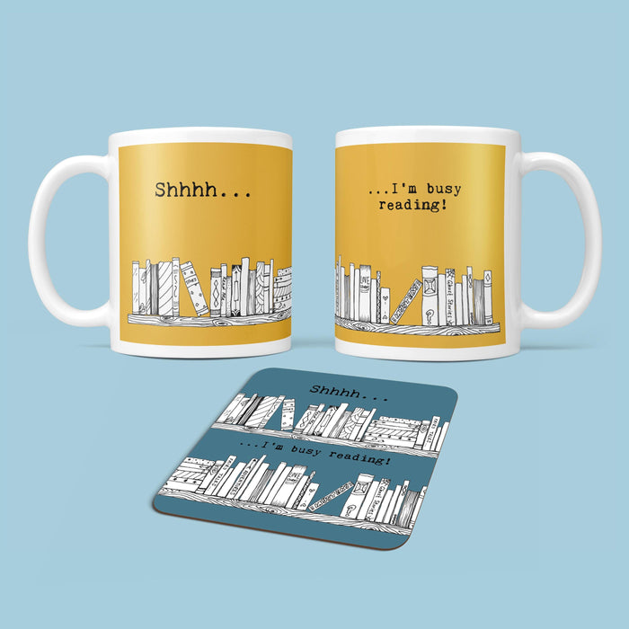 Reading gift for book lover - Shhhh I'm reading mug and coaster set