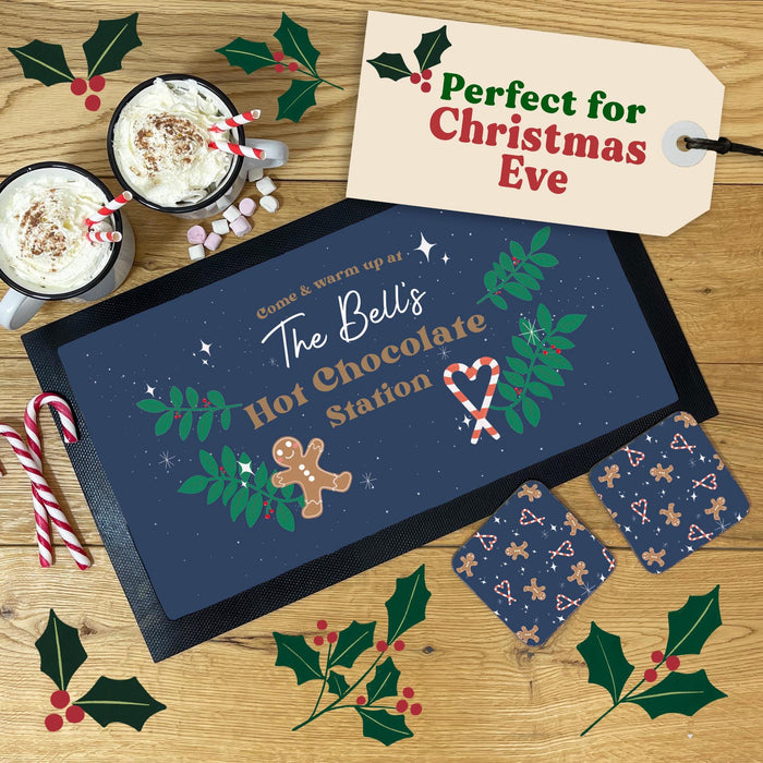 Personalised Hot Chocolate Station | Mug, Coaster & Drinks Mat Gift Set | Festive Family Gingerbread and Candy Cane Themed Hot Chocolate Kit