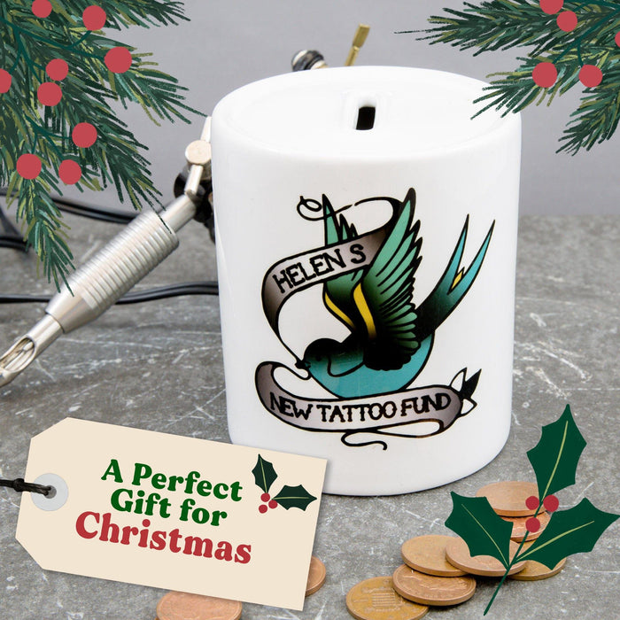 Personalised Tattoo Lovers Gift - Tattoo Fund Money Box - Ideal Stocking Filler Or Funny Mothers Fathers Gift Swallow Design