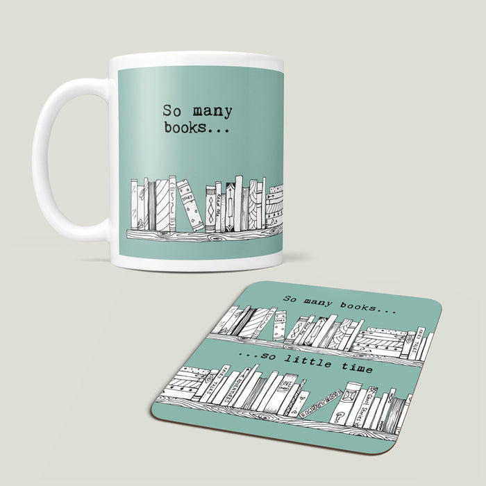 Book Themed Gift For A Reader - So Many Books So Little Time - Reading Gifts Mug Book Coasters - Illustrated Coaster Blush Pink Mint Stone