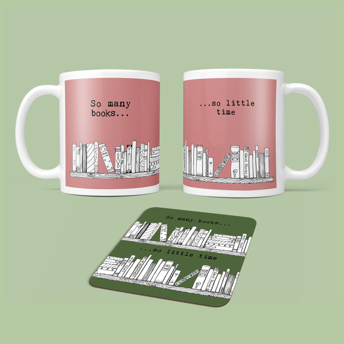 Book Themed Gift For A Reader - So Many Books So Little Time - Reading Gifts Mug Book Coasters - Illustrated Coaster Blush Pink Mint Stone