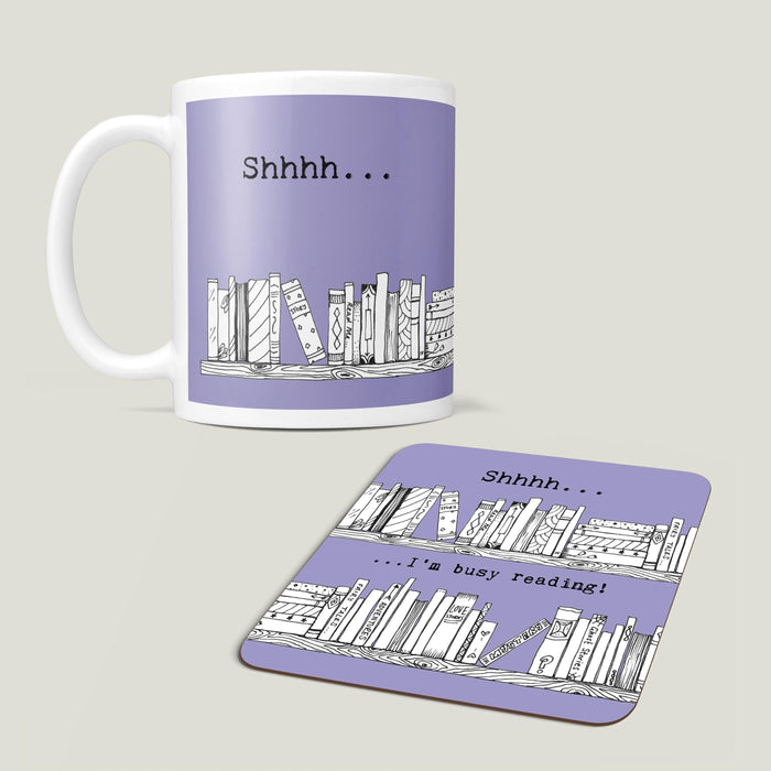 Reading gift for book lover - Shhhh I'm reading mug and coaster set