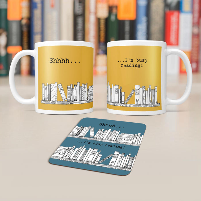 Reading gift for book lover - Shhhh I'm reading mug and coaster set