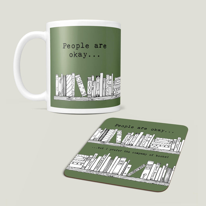 Reading Themed Gift | People are okay but I prefer the company of books | Mug & Coaster for English Teacher, Book Club, Book Lover