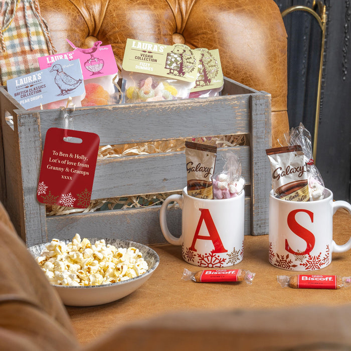 Personalised Christmas Night In Crate Perfect family Gift Set With Your Choice of Christmas Mugs & Tag